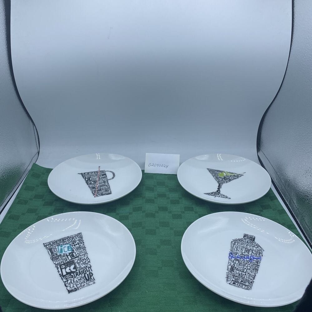 Set of Crate and Barrel Cocktail Appetizer Dessert Plates 6 1/2" Shake Stir Ice